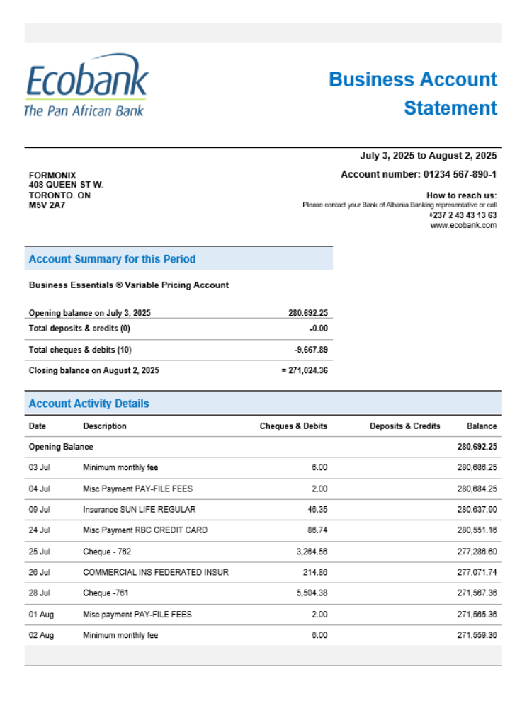 Relevé de compte courant de l'organisation Ecobank Format Word et PDF
